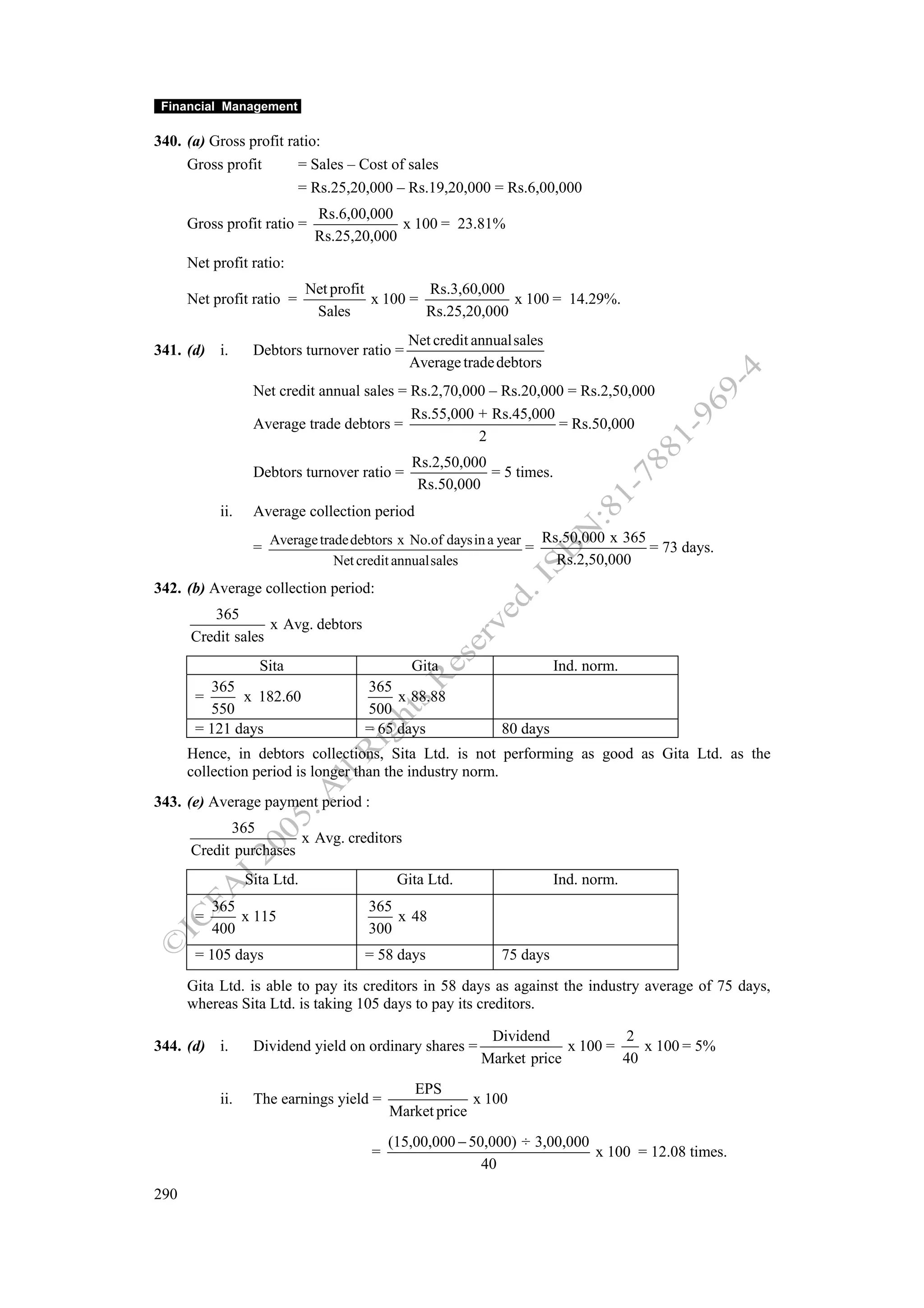 Financial Management

340. (a) Gross profit ratio:
     Gross profit       = Sales – Cost of sales
                        = Rs.25,20,000 – Rs.19,20,000 = Rs.6,00,000
                               Rs.6,00,000
      Gross profit ratio =                  x 100 = 23.81%
                               Rs.25,20,000
      Net profit ratio:
                              Net profit         Rs.3,60,000
      Net profit ratio =                 x 100 =              x 100 = 14.29%.
                               Sales             Rs.25,20,000
                                              Net credit annualsales
341. (d) i.        Debtors turnover ratio =
                                              Average trade debtors
                   Net credit annual sales = Rs.2,70,000 – Rs.20,000 = Rs.2,50,000
                                             Rs.55,000 + Rs.45,000
                   Average trade debtors =                         = Rs.50,000
                                                       2
                                              Rs.2,50,000
                   Debtors turnover ratio =               = 5 times.
                                               Rs.50,000
            ii.    Average collection period
                       Average trade debtors x No.of days in a year Rs.50,000 x 365
                   =                                               =                = 73 days.
                                  Net credit annualsales              Rs.2,50,000
342. (b) Average collection period:
         365
                   x Avg. debtors
      Credit sales
                    Sita                      Gita                     Ind. norm.
         365                          365
       =      x 182.60                     x 88.88
         550                          500
       = 121 days                     = 65 days              80 days
      Hence, in debtors collections, Sita Ltd. is not performing as good as Gita Ltd. as the
      collection period is longer than the industry norm.
343. (e) Average payment period :
            365
                       x Avg. creditors
      Credit purchases
                  Sita Ltd.                 Gita Ltd.                  Ind. norm.
           365                         365
       =       x 115                       x 48
           400                         300
       = 105 days                     = 58 days              75 days
      Gita Ltd. is able to pay its creditors in 58 days as against the industry average of 75 days,
      whereas Sita Ltd. is taking 105 days to pay its creditors.

                                                          Dividend            2
344. (d) i.        Dividend yield on ordinary shares =                x 100 =    x 100 = 5%
                                                         Market price         40
                                              EPS
            ii.    The earnings yield =                 x 100
                                           Market price
                                           (15,00,000 − 50,000) ÷ 3,00,000
                                       =                                   x 100 = 12.08 times.
                                                          40
290
 