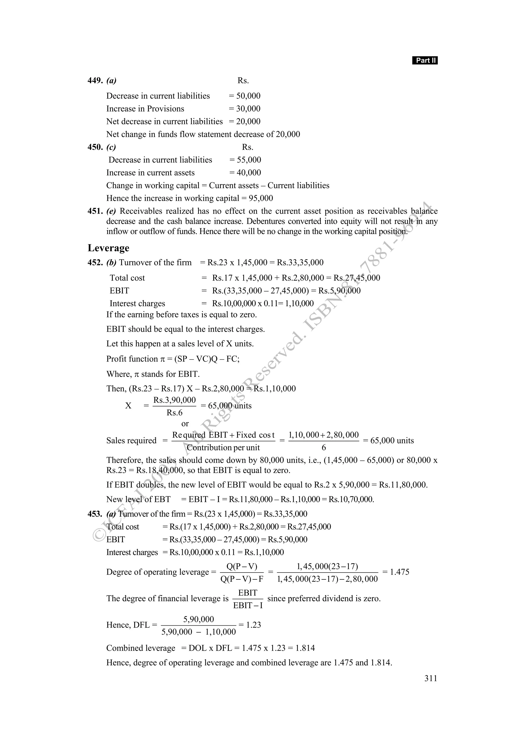 Part II

449. (a)                                    Rs.
     Decrease in current liabilities     = 50,000
     Increase in Provisions              = 30,000
     Net decrease in current liabilities = 20,000
     Net change in funds flow statement decrease of 20,000
450. (c)                                     Rs.
      Decrease in current liabilities    = 55,000
     Increase in current assets          = 40,000
     Change in working capital = Current assets – Current liabilities
     Hence the increase in working capital = 95,000
451. (e) Receivables realized has no effect on the current asset position as receivables balance
     decrease and the cash balance increase. Debentures converted into equity will not result in any
     inflow or outflow of funds. Hence there will be no change in the working capital position.
Leverage
452. (b) Turnover of the firm = Rs.23 x 1,45,000 = Rs.33,35,000
      Total cost                 = Rs.17 x 1,45,000 + Rs.2,80,000 = Rs.27,45,000
      EBIT                       = Rs.(33,35,000 – 27,45,000) = Rs.5,90,000
      Interest charges           = Rs.10,00,000 x 0.11= 1,10,000
     If the earning before taxes is equal to zero.
     EBIT should be equal to the interest charges.
     Let this happen at a sales level of X units.
     Profit function π = (SP – VC)Q – FC;
     Where, π stands for EBIT.
     Then, (Rs.23 – Rs.17) X – Rs.2,80,000 = Rs.1,10,000
                  Rs.3,90,000
          X =                   = 65,000 units
                      Rs.6
                           or
                        Re quired EBIT + Fixed cos t    1,10, 000 + 2,80, 000
     Sales required =                                 =                       = 65,000 units
                            Contribution per unit                 6
     Therefore, the sales should come down by 80,000 units, i.e., (1,45,000 – 65,000) or 80,000 x
     Rs.23 = Rs.18,40,000, so that EBIT is equal to zero.
     If EBIT doubles, the new level of EBIT would be equal to Rs.2 x 5,90,000 = Rs.11,80,000.
     New level of EBT      = EBIT – I = Rs.11,80,000 – Rs.1,10,000 = Rs.10,70,000.
453. (a) Turnover of the firm = Rs.(23 x 1,45,000) = Rs.33,35,000
     Total cost       = Rs.(17 x 1,45,000) + Rs.2,80,000 = Rs.27,45,000
     EBIT             = Rs.(33,35,000 – 27,45,000) = Rs.5,90,000
     Interest charges = Rs.10,00,000 x 0.11 = Rs.1,10,000
                                        Q(P − V)             1, 45, 000(23 − 17)
     Degree of operating leverage =                 =                                = 1.475
                                       Q(P − V) − F   1, 45, 000(23 −17) − 2,80, 000
                                            EBIT
     The degree of financial leverage is            since preferred dividend is zero.
                                           EBIT − I
                           5,90,000
     Hence, DFL =                        = 1.23
                     5,90,000 − 1,10,000
     Combined leverage = DOL x DFL = 1.475 x 1.23 = 1.814
     Hence, degree of operating leverage and combined leverage are 1.475 and 1.814.
                                                                                                 311
 