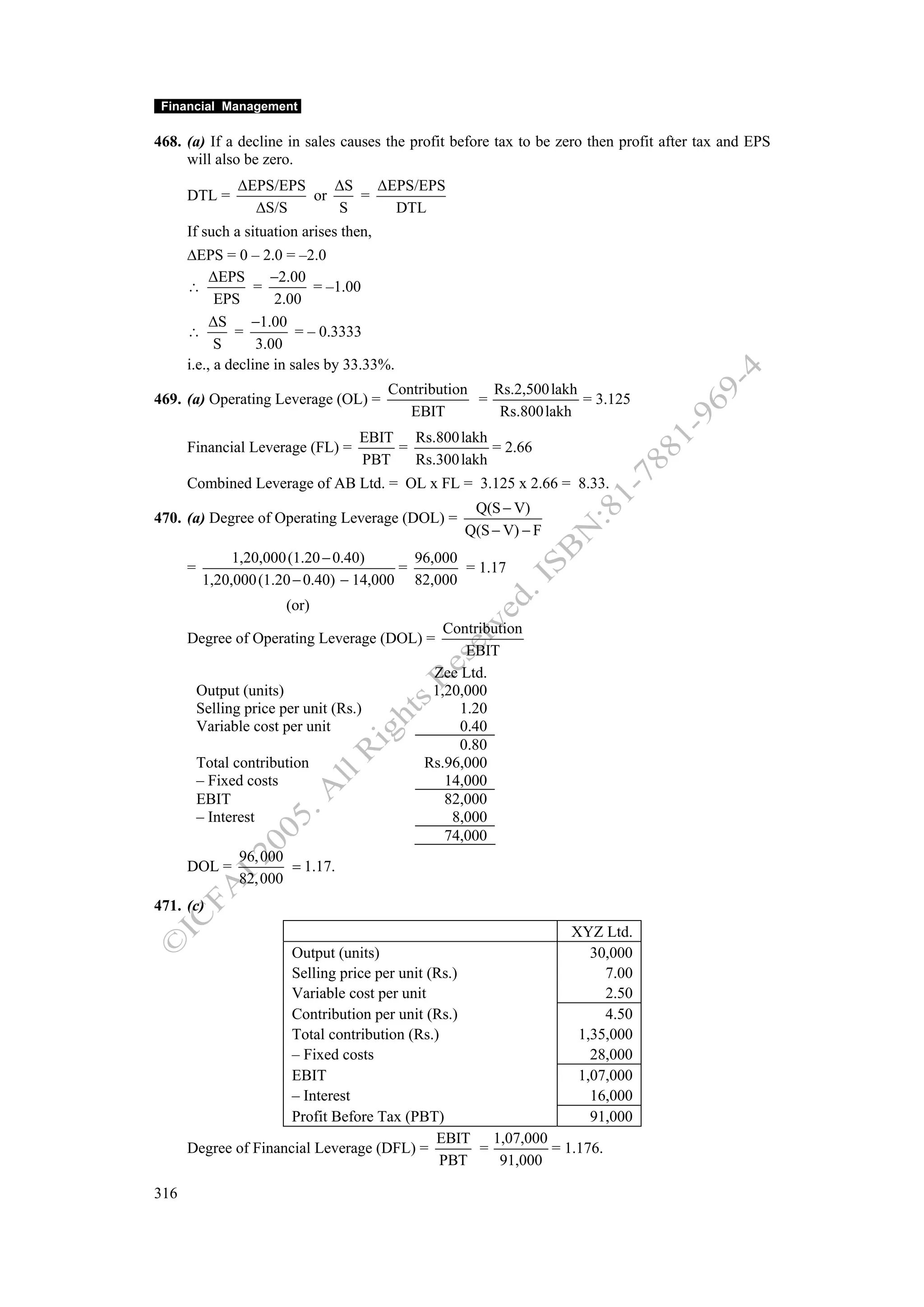 Financial Management

468. (a) If a decline in sales causes the profit before tax to be zero then profit after tax and EPS
     will also be zero.
                 ΔEPS/EPS    ΔS   ΔEPS/EPS
      DTL =               or    =
                   ΔS/S      S      DTL
      If such a situation arises then,
      ΔEPS = 0 – 2.0 = –2.0
           ΔEPS      −2.00
      ∴            =         = –1.00
            EPS       2.00
           ΔS     −1.00
      ∴        =          = – 0.3333
            S      3.00
      i.e., a decline in sales by 33.33%.
                                         Contribution   Rs.2,500 lakh
469. (a) Operating Leverage (OL) =                    =               = 3.125
                                            EBIT         Rs.800 lakh
                                     EBIT Rs.800 lakh
      Financial Leverage (FL) =          =             = 2.66
                                     PBT   Rs.300 lakh
      Combined Leverage of AB Ltd. = OL x FL = 3.125 x 2.66 = 8.33.
                                                     Q(S − V)
470. (a) Degree of Operating Leverage (DOL) =
                                                    Q(S − V) − F
                1,20,000 (1.20 − 0.40)      96,000
      =                                   =        = 1.17
           1,20,000 (1.20 − 0.40) − 14,000 82,000
                         (or)
                                                 Contribution
      Degree of Operating Leverage (DOL) =
                                                    EBIT
                                               Zee Ltd.
          Output (units)                       1,20,000
          Selling price per unit (Rs.)             1.20
          Variable cost per unit                   0.40
                                                   0.80
          Total contribution                  Rs.96,000
          – Fixed costs                          14,000
          EBIT                                   82,000
          – Interest                              8,000
                                                 74,000
                 96, 000
      DOL =              = 1.17.
                 82, 000
471. (c)
                                                                    XYZ Ltd.
                      Output (units)                                   30,000
                      Selling price per unit (Rs.)                       7.00
                      Variable cost per unit                             2.50
                      Contribution per unit (Rs.)                        4.50
                      Total contribution (Rs.)                       1,35,000
                      – Fixed costs                                    28,000
                      EBIT                                           1,07,000
                      – Interest                                       16,000
                      Profit Before Tax (PBT)                          91,000
                                              EBIT 1,07,000
      Degree of Financial Leverage (DFL) =         =        = 1.176.
                                               PBT   91,000

316
 
