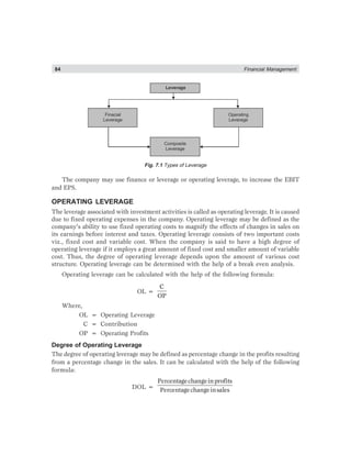 84 Financial Management
Leverage
Finacial
Leverage
Operating
Leverage
Composite
Leverage
Fig. 7.1 Types of Leverage
The company may use finance or leverage or operating leverage, to increase the EBIT
and EPS.
OPERATING LEVERAGE
The leverage associated with investment activities is called as operating leverage. It is caused
due to fixed operating expenses in the company. Operating leverage may be defined as the
company’s ability to use fixed operating costs to magnify the effects of changes in sales on
its earnings before interest and taxes. Operating leverage consists of two important costs
viz., fixed cost and variable cost. When the company is said to have a high degree of
operating leverage if it employs a great amount of fixed cost and smaller amount of variable
cost. Thus, the degree of operating leverage depends upon the amount of various cost
structure. Operating leverage can be determined with the help of a break even analysis.
Operating leverage can be calculated with the help of the following formula:
OL =
C
OP
Where,
OL = Operating Leverage
C = Contribution
OP = Operating Profits
Degree of Operating Leverage
The degree of operating leverage may be defined as percentage change in the profits resulting
from a percentage change in the sales. It can be calculated with the help of the following
formula:
DOL =
Percentagechangeinprofits
Percentagechangeinsales
 