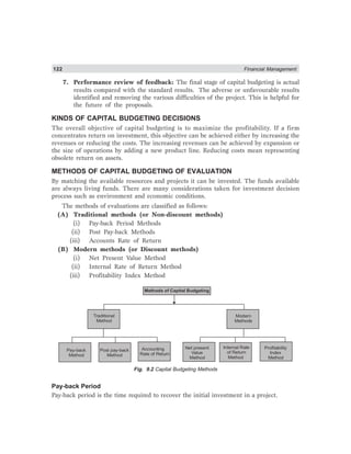 122 Financial Management
7. Performance review of feedback: The final stage of capital budgeting is actual
results compared with the standard results. The adverse or unfavourable results
identified and removing the various difficulties of the project. This is helpful for
the future of the proposals.
KINDS OF CAPITAL BUDGETING DECISIONS
The overall objective of capital budgeting is to maximize the profitability. If a firm
concentrates return on investment, this objective can be achieved either by increasing the
revenues or reducing the costs. The increasing revenues can be achieved by expansion or
the size of operations by adding a new product line. Reducing costs mean representing
obsolete return on assets.
METHODS OF CAPITAL BUDGETING OF EVALUATION
By matching the available resources and projects it can be invested. The funds available
are always living funds. There are many considerations taken for investment decision
process such as environment and economic conditions.
The methods of evaluations are classified as follows:
(A) Traditional methods (or Non-discount methods)
(i) Pay-back Period Methods
(ii) Post Pay-back Methods
(iii) Accounts Rate of Return
(B) Modern methods (or Discount methods)
(i) Net Present Value Method
(ii) Internal Rate of Return Method
(iii) Profitability Index Method
Methods of Capital Budgeting
Traditional
Method
Post pay-back
Method
Accounting
Rate of Return
Net present
Value
Method
Internal Rate
of Return
Method
Profitability
Index
Method
Modern
Methods
Pay-back
Method
Fig. 9.2 Capital Budgeting Methods
Pay-back Period
Pay-back period is the time required to recover the initial investment in a project.
 