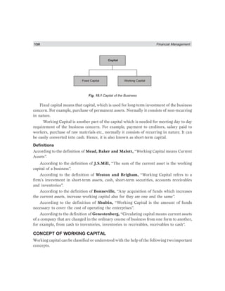 150 Financial Management
Capital
Fixed Capital Working Capital
Fig. 10.1 Capital of the Business
Fixed capital means that capital, which is used for long-term investment of the business
concern. For example, purchase of permanent assets. Normally it consists of non-recurring
in nature.
Working Capital is another part of the capital which is needed for meeting day to day
requirement of the business concern. For example, payment to creditors, salary paid to
workers, purchase of raw materials etc., normally it consists of recurring in nature. It can
be easily converted into cash. Hence, it is also known as short-term capital.
Definitions
According to the definition of Mead, Baker and Malott, “Working Capital means Current
Assets”.
According to the definition of J.S.Mill, “The sum of the current asset is the working
capital of a business”.
According to the definition of Weston and Brigham, “Working Capital refers to a
firm’s investment in short-term assets, cash, short-term securities, accounts receivables
and inventories”.
According to the definition of Bonneville, “Any acquisition of funds which increases
the current assets, increase working capital also for they are one and the same”.
According to the definition of Shubin, “Working Capital is the amount of funds
necessary to cover the cost of operating the enterprises”.
According to the definition of Genestenberg, “Circulating capital means current assets
of a company that are changed in the ordinary course of business from one form to another,
for example, from cash to inventories, inventories to receivables, receivables to cash”.
CONCEPT OF WORKING CAPITAL
Working capital can be classified or understood with the help of the following two important
concepts.
 
