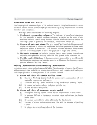 154 Financial Management
NEEDS OF WORKING CAPITAL
Working Capital is an essential part of the business concern. Every business concern must
maintain certain amount of Working Capital for their day-to-day requirements and meet
the short-term obligations.
Working Capital is needed for the following purposes.
1. Purchase of raw materials and spares: The basic part of manufacturing process
is, raw materials. It should purchase frequently according to the needs of the
business concern. Hence, every business concern maintains certain amount as
Working Capital to purchase raw materials, components, spares, etc.
2. Payment of wages and salary: The next part of Working Capital is payment of
wages and salaries to labour and employees. Periodical payment facilities make
employees perfect in their work. So a business concern maintains adequate the
amount of working capital to make the payment of wages and salaries.
3. Day-to-day expenses: A business concern has to meet various expenditures
regarding the operations at daily basis like fuel, power, office expenses, etc.
4. Provide credit obligations: A business concern responsible to provide credit
facilities to the customer and meet the short-term obligation. So the concern must
provide adequate Working Capital.
Working Capital Position/ Balanced Working Capital Position.
A business concern must maintain a sound Working Capital position to improve the efficiency
of business operation and efficient management of finance. Both excessive and inadequate
Working Capital lead to some problems in the business concern.
A. Causes and effects of excessive working capital.
(i) Excessive Working Capital leads to unnecessary accumulation of raw
materials, components and spares.
(ii) Excessive Working Capital results in locking up of excess Working Capital.
(iii) It creates bad debts, reduces collection periods, etc.
(iv) It leads to reduce the profits.
B. Causes and effects of inadequate working capital
(i) Inadequate working capital cannot buy its requirements in bulk order.
(ii) It becomes difficult to implement operating plans and activate the firm’s
profit target.
(iii) It becomes impossible to utilize efficiently the fixed assets.
(iv) The rate of return on investments also falls with the shortage of Working
Capital.
(v) It reduces the overall operation of the business.
 