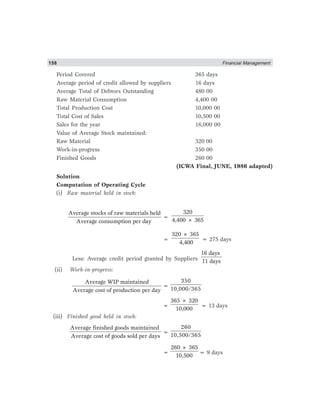 158 Financial Management
Period Covered 365 days
Average period of credit allowed by suppliers 16 days
Average Total of Debtors Outstanding 480 00
Raw Material Consumption 4,400 00
Total Production Cost 10,000 00
Total Cost of Sales 10,500 00
Sales for the year 16,000 00
Value of Average Stock maintained:
Raw Material 320 00
Work-in-progress 350 00
Finished Goods 260 00
(ICWA Final, JUNE, 1986 adapted)
Solution
Computation of Operating Cycle
(i) Raw material held in stock:
Average stocks of raw materials held
Average consumption per day
=
320
4,400 × 365
=
320 × 365
4,400
= 275 days
Less: Average credit period granted by Suppliers
16 days
11 days
(ii) Work-in-progress:
Average WIP maintained
Average cost of production per day
=
350
10,000/365
=
365 × 320
10,000
= 13 days
(iii) Finished good held in stock:
Average finished goods maintained
Average cost of goods sold per days
=
260
10,500/365
=
260 × 365
10,500
= 9 days
 