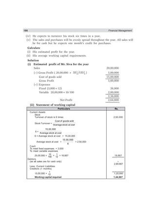 188 Financial Management
(iv) He expects to turnover his stock six times in a year.
(v) The sales and purchases will be evenly spread throughout the year. All sales will
be for cash but he expects one month’s credit for purchases.
Calculate
(i) His estimated profit for the year.
(ii) His average working capital requirements.
Solution
(i) Estimated profit of Mr. Siva for the year
Sales 20,00,000
(–) Gross Profit ( 20,00,000 × 1 1
3 3
33 133 ) 5,00,000
Cost of goods sold 15,00,000
Gross Profit 5,00,000
(–) Expenses
Fixed (3,000×12) 36,000
Variable 20,00,000×10/100 2,00,000
2,36,000
Net Profit 2,64,000
(ii) Statement of working capital
Particulars Rs.
Current Assets
Stock
Turnover of stock is 6 times 2,50,000
Stock Turnover =
Cost of goods sold
Average stock at cost
6 =
15,00,000
Average stock at cost
6 × Average stock at cost = 15,00,000
Average stock at cost =
15,00,000
6
= 2,50,000
Cash
To meet fixed expenses = 3,000
To meet variable expenses
20,00,000 ×
10
100
×
1
12
= 16,667 19,667
Debtors
(as all sales are for cash only) –
2,69,667
Less: Current Liabilities:
Creditors (1 months)
15,00,000 ×
1
12 1,25,000
Working capital required 1,44,667
 