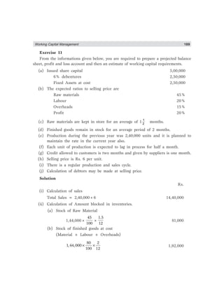Working Capital Management 189
Exercise 11
From the informations given below, you are required to prepare a projected balance
sheet, profit and loss account and then an estimate of working capital requirements.
(a) Issued share capital 5,00,000
6% debentures 2,50,000
Fixed Assets at cost 2,50,000
(b) The expected ratios to selling price are
Raw materials 45%
Labour 20%
Overheads 15%
Profit 20%
(c) Raw materials are kept in store for an average of 1 1
2
months.
(d) Finished goods remain in stock for an average period of 2 months.
(e) Production during the previous year was 2,40,000 units and it is planned to
maintain the rate in the current year also.
(f) Each unit of production is expected to lag in process for half a month.
(g) Credit allowed to customers is two months and given by suppliers is one month.
(h) Selling price is Rs. 6 per unit.
(i) There is a regular production and sales cycle.
(j) Calculation of debtors may be made at selling price.
Solution
Rs.
(i) Calculation of sales
Total Sales = 2,40,000×6 14,40,000
(ii) Calculation of Amount blocked in inventories.
(a) Stock of Raw Material
1,44,000×
45
100
×
1.5
12
81,000
(b) Stock of finished goods at cost
(Material + Labour + Overheads)
80 2
1,44,000
100 12
× × 1,92,000
 