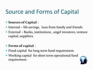 Source and Forms of Capital
 Sources of Capital :
 Internal – life savings, loan from family and friends
 External – Banks, institutions , angel investors, venture
capital, suppliers.
 Forms of capital :
 Fixed capital for long term fund requirement.
 Working capital for short term operational fund
requirement.
 