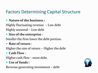 Factors Determining Capital Structure
 Nature of the business :
Highly fluctuating revenue – Low debt
Highly seasonal – Low debt
 Size of the enterprise :
Smaller the firm lower the debt portion.
 Rate of return :
Higher the rate of return – Higher the debt
 Cash Flow :
Higher cash flow - more debt.
 Use of funds :
Revenue generating investment – debt
 