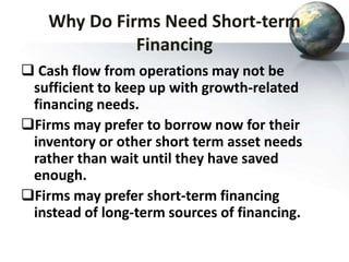 Why Do Firms Need Short-term
Financing
 Cash flow from operations may not be
sufficient to keep up with growth-related
financing needs.
Firms may prefer to borrow now for their
inventory or other short term asset needs
rather than wait until they have saved
enough.
Firms may prefer short-term financing
instead of long-term sources of financing.
 