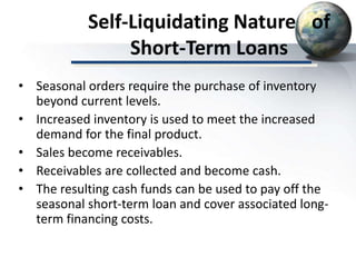 Self-Liquidating Nature of
Short-Term Loans
• Seasonal orders require the purchase of inventory
beyond current levels.
• Increased inventory is used to meet the increased
demand for the final product.
• Sales become receivables.
• Receivables are collected and become cash.
• The resulting cash funds can be used to pay off the
seasonal short-term loan and cover associated long-
term financing costs.
 