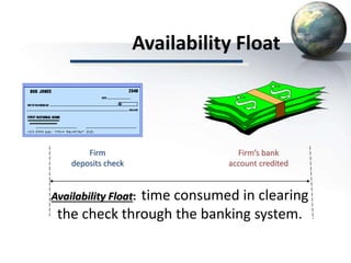 Availability Float
Availability Float: time consumed in clearing
the check through the banking system.
Firm
deposits check
Firm’s bank
account credited
 
