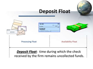 Deposit Float
Deposit Float: time during which the check
received by the firm remains uncollected funds.
Processing Float Availability Float
 