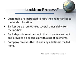 Lockbox Process*
• Customers are instructed to mail their remittances to
the lockbox location.
• Bank picks up remittances several times daily from
the lockbox.
• Bank deposits remittances in the customers account
and provides a deposit slip with a list of payments.
• Company receives the list and any additional mailed
items.
* Based on the traditional lockbox system
 