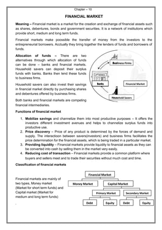 Chapter – 10
FINANCIAL MARKET
Meaning – Financial market is a market for the creation and exchange of financial assets such
as shares, debentures, bonds and government securities. It is a network of institutions which
provide short, medium and long term funds.
Financial markets make poossible the transfer of money from the investors to the
entrepreneurial borrowers. Acctually they bring together the lenders of funds and borrowers of
funds.
Allocation of funds – There are two
alternatives through which allocation of funds
can be done – banks and financial markets.
Household savers can deposit their surplus
funds with banks. Banks then lend these funds
to business firms.
Household savers can also invest their savings
in financial market directly by purchasing shares
and debentures offered by business firms.
Both banks and financial markets are competing
financial intermediaries.
Functions of financial market
Busiiness Firms
Banks Financial Market
Household Savers
1. Mobilize savings and channelize them into most productive purposes – It offers the
investors different investment avenues and helps to channelize surplus funds into
productive use.
2. Price discovery – Price of any product is determined by the forces of demand and
supply. The interactioon between savers(investors) and business firms facilitates the
price determination for the financial assets, which is being traded in a particular market.
3. Providing liquidity – Financial markets provide liquidity to financial assets as they can
be converted into cash by selling them in the market very easily.
4. Reducing cost of transaction – Financial markets provide a common platform where
buyers and sellers meet and to trade their securities without much cost and time.
Classification of financial markets
Financial markets are mainly of
two types, Money market
(Market for short term funds) and
Capital market (Market for
medium and long term funds)
.
Financial Market
Money Market Capital Market
Primary Market Secondary Market
Debt Equity Debt Equity
 