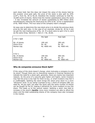 each share held. But this does not impact the value of the shares held by
the investor since post split, the price of the stock is also split by 25%
(1/4th), from Rs. 40 to Rs.10, therefore the investor continues to hold Rs.
16,000 worth of shares. Notice that the market capitalization stays the same
- it has increased the amount of stocks outstanding to 400 million while
simultaneously reducing the stock price by 25% to Rs. 10 for a capitalization
of Rs. 4000 million. The true value of the company hasn't changed.

An easy way to determine the new stock price is to divide the previous stock
price by the split ratio. In the case of our example, divide Rs. 40 by 4 and
we get the new trading price of Rs. 10. If a stock were to split 3-for-2, we'd
do the same thing: 40/(3/2) = 40/1.5 = Rs. 26.60.

                                    Pre-Split            Post-Split
2-for-1 Split

No. of shares                       100 mill.            200 mill.
Share Price                         Rs. 40               Rs. 20
Market Cap.                         Rs. 4000 mill.       Rs. 4000 mill.



4-for-1
No. of shares                       100 mill.            400 mill.
Share Price                         Rs. 40               Rs. 10
Market Cap.                         Rs. 4000 mill.       Rs. 4000 mill.



Why do companies announce Stock Split?

If the value of the stock doesn't change, what motivates a company to split
its stock? Though there are no theoretical reasons in financial literature to
indicate the need for a stock split, generally, there are mainly two important
reasons. As the price of a security gets higher and higher, some investors
may feel the price is too high for them to buy, or small investors may feel it
is unaffordable. Splitting the stock brings the share price down to a more
"attractive" level. In our earlier example to buy 1 share of company ABC you
need Rs. 40 pre-split, but after the stock split the same number of shares
can be bought for Rs.10, making it attractive for more investors to buy the
share. This leads us to the second reason. Splitting a stock may lead to
increase in the stock's liquidity, since more investors are able to afford the
share and the total outstanding shares of the company have also increased
in the market.




                                      59
 