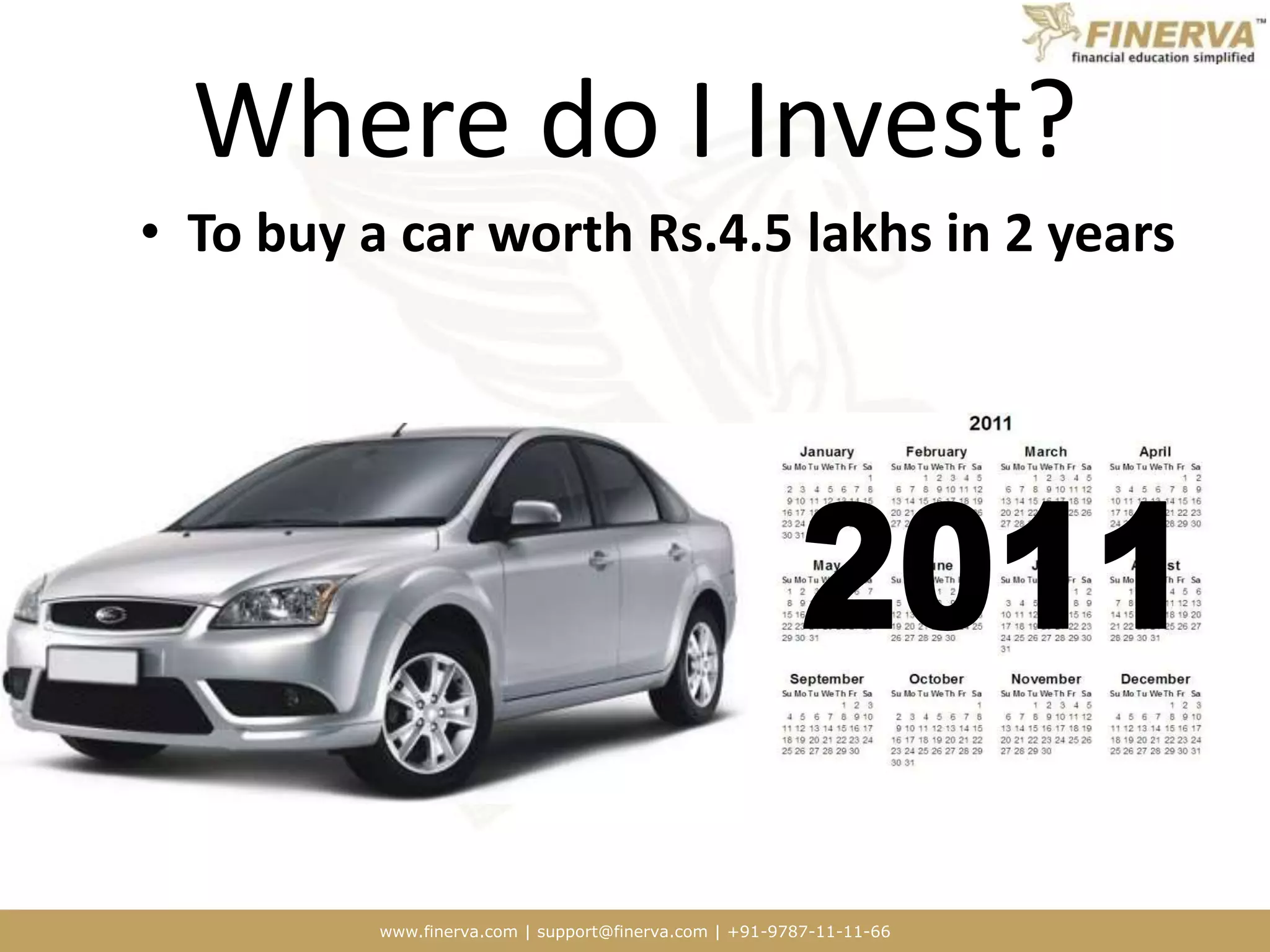www.finerva.com | support@finerva.com | +91-9787-11-11-66
Where do I Invest?
• To buy a car worth Rs.4.5 lakhs in 2 years
 