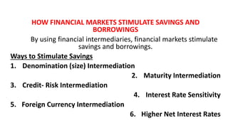 HOW FINANCIAL MARKETS STIMULATE SAVINGS AND
BORROWINGS
By using financial intermediaries, financial markets stimulate
savings and borrowings.
Ways to Stimulate Savings
1. Denomination (size) Intermediation
2. Maturity Intermediation
3. Credit- Risk Intermediation
4. Interest Rate Sensitivity
5. Foreign Currency Intermediation
6. Higher Net Interest Rates
 