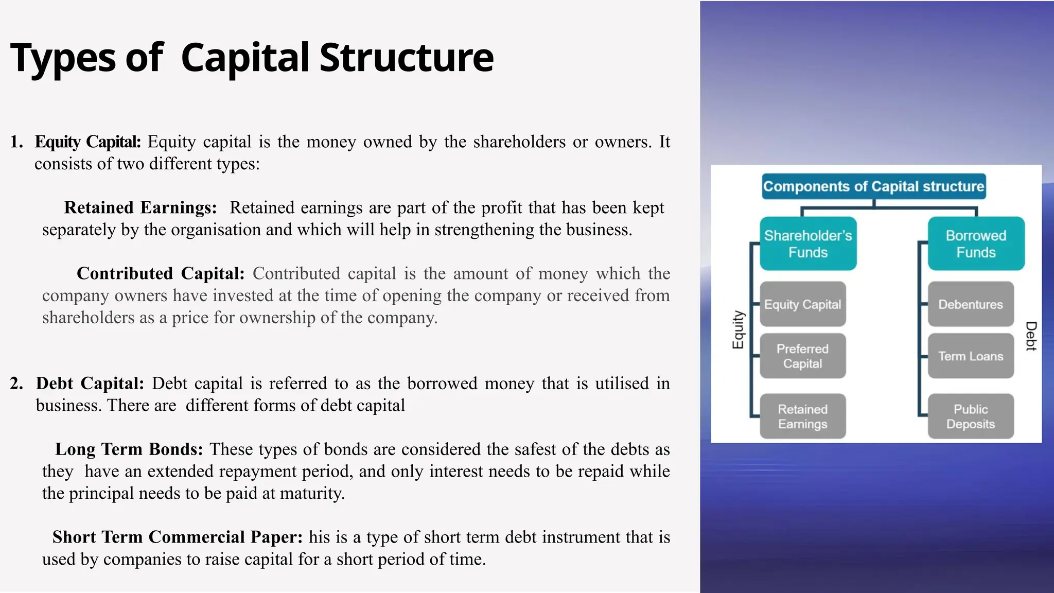 Types of Capital Structure
1. Equity Capital: Equity capital is the money owned by the shareholders or owners. It
consists of two different types:
Retained Earnings: Retained earnings are part of the profit that has been kept
separately by the organisation and which will help in strengthening the business.
Contributed Capital: Contributed capital is the amount of money which the
company owners have invested at the time of opening the company or received from
shareholders as a price for ownership of the company.
2. Debt Capital: Debt capital is referred to as the borrowed money that is utilised in
business. There are different forms of debt capital
Long Term Bonds: These types of bonds are considered the safest of the debts as
they have an extended repayment period, and only interest needs to be repaid while
the principal needs to be paid at maturity.
Short Term Commercial Paper: his is a type of short term debt instrument that is
used by companies to raise capital for a short period of time.
 