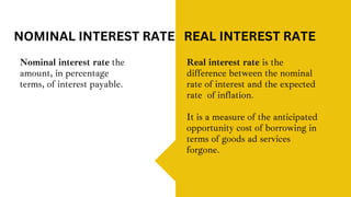 Nominal interest rate the
amount, in percentage
terms, of interest payable.
Real interest rate is the
difference between the nominal
rate of interest and the expected
rate of inflation.
It is a measure of the anticipated
opportunity cost of borrowing in
terms of goods ad services
forgone.
NOMINAL INTEREST RATE REAL INTEREST RATE
 