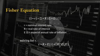 Year 10
34.9%
Year 7
27.9%
Year 5
23.3%
Year 3
9.3%
Year 1
4.7%
( l + r ) = (1 + R ) (1 + E ( i ) )
Fisher Equation
r = nominal interest rate
R = real rate of interest
E (i) = expectd annual rate of inflation
solving for r,
r = R + E ( i ) + ( R * E ( I ) )
 