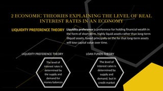 2 ECONOMIC THEORIES EXPLAINING THE LEVEL OF REAL
INTEREST RATES IN AN ECONOMY
LIQUIDITY PREFERENCE THEORY Liquidity preference is preference for holding financial wealth in
the form of short-term, highly liquid assets rather than long-term
illiquid assets, based principally on the fer that long-term assets
will lose capital value over time.
LIQUIDITY PREFERENCE THEORY
The level of
interest rates is
determined by
the supply and
demand for
money balances
LOAN FUNDS THEORY
The level of
interest rates is
determined by
supply and
demand, but in
credit market
 