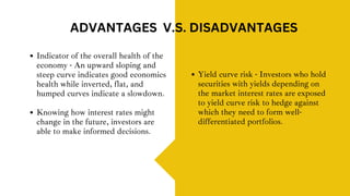 Indicator of the overall health of the
economy - An upward sloping and
steep curve indicates good economics
health while inverted, flat, and
humped curves indicate a slowdown.
Knowing how interest rates might
change in the future, investors are
able to make informed decisions.
ADVANTAGES V.S. DISADVANTAGES
Yield curve risk - Investors who hold
securities with yields depending on
the market interest rates are exposed
to yield curve risk to hedge against
which they need to form well-
differentiated portfolios.
 