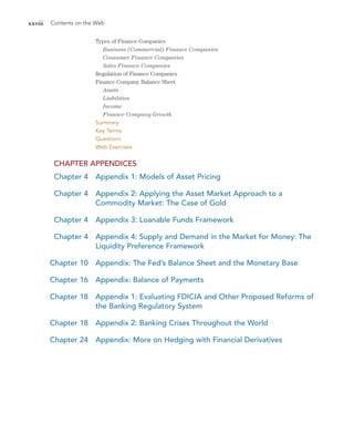 xxviii Contents on the Web
Types of Finance Companies
Business (Commercial) Finance Companies
Consumer Finance Companies
Sales Finance Companies
Regulation of Finance Companies
Finance Company Balance Sheet
Assets
Liabilities
Income
Finance Company Growth
Summary
Key Terms
Questions
Web Exercises
CHAPTER APPENDICES
Chapter 4 Appendix 1: Models of Asset Pricing
Chapter 4 Appendix 2: Applying the Asset Market Approach to a
Commodity Market: The Case of Gold
Chapter 4 Appendix 3: Loanable Funds Framework
Chapter 4 Appendix 4: Supply and Demand in the Market for Money: The
Liquidity Preference Framework
Chapter 10 Appendix: The Fed’s Balance Sheet and the Monetary Base
Chapter 16 Appendix: Balance of Payments
Chapter 18 Appendix 1: Evaluating FDICIA and Other Proposed Reforms of
the Banking Regulatory System
Chapter 18 Appendix 2: Banking Crises Throughout the World
Chapter 24 Appendix: More on Hedging with Financial Derivatives
 
