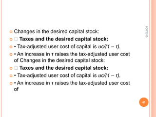  Changes in the desired capital stock:
 􀂾 Taxes and the desired capital stock:
 • Tax-adjusted user cost of capital is uc/(1 – τ).
 • An increase in τ raises the tax-adjusted user cost
of Changes in the desired capital stock:
 􀂾 Taxes and the desired capital stock:
 • Tax-adjusted user cost of capital is uc/(1 – τ).
 • An increase in τ raises the tax-adjusted user cost
of
1/30/2015
41
 