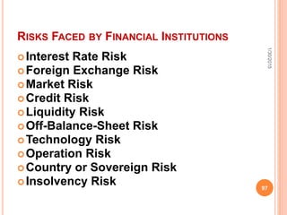 RISKS FACED BY FINANCIAL INSTITUTIONS
Interest Rate Risk
Foreign Exchange Risk
Market Risk
Credit Risk
Liquidity Risk
Off-Balance-Sheet Risk
Technology Risk
Operation Risk
Country or Sovereign Risk
Insolvency Risk
1/30/2015
97
 
