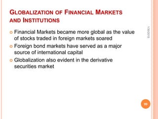 GLOBALIZATION OF FINANCIAL MARKETS
AND INSTITUTIONS
 Financial Markets became more global as the value
of stocks traded in foreign markets soared
 Foreign bond markets have served as a major
source of international capital
 Globalization also evident in the derivative
securities market
1/30/2015
99
 