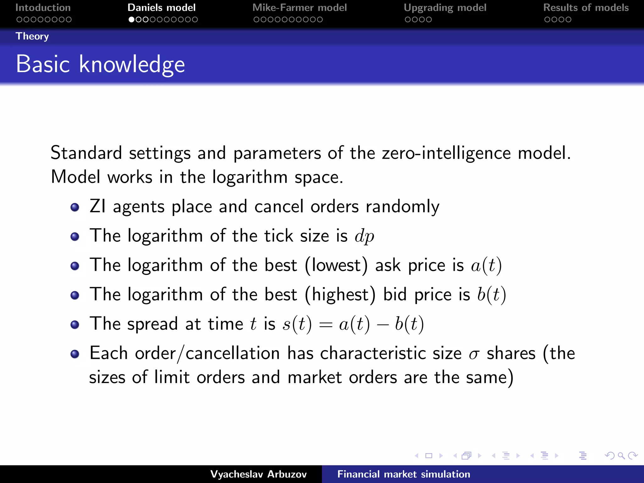 Intoduction Daniels model Mike-Farmer model Upgrading model Results of models
Theory
Basic knowledge
Standard settings and parameters of the zero-intelligence model.
Model works in the logarithm space.
ZI agents place and cancel orders randomly
The logarithm of the tick size is dp
The logarithm of the best (lowest) ask price is a(t)
The logarithm of the best (highest) bid price is b(t)
The spread at time t is s(t) = a(t) − b(t)
Each order/cancellation has characteristic size σ shares (the
sizes of limit orders and market orders are the same)
Vyacheslav Arbuzov Financial market simulation
 