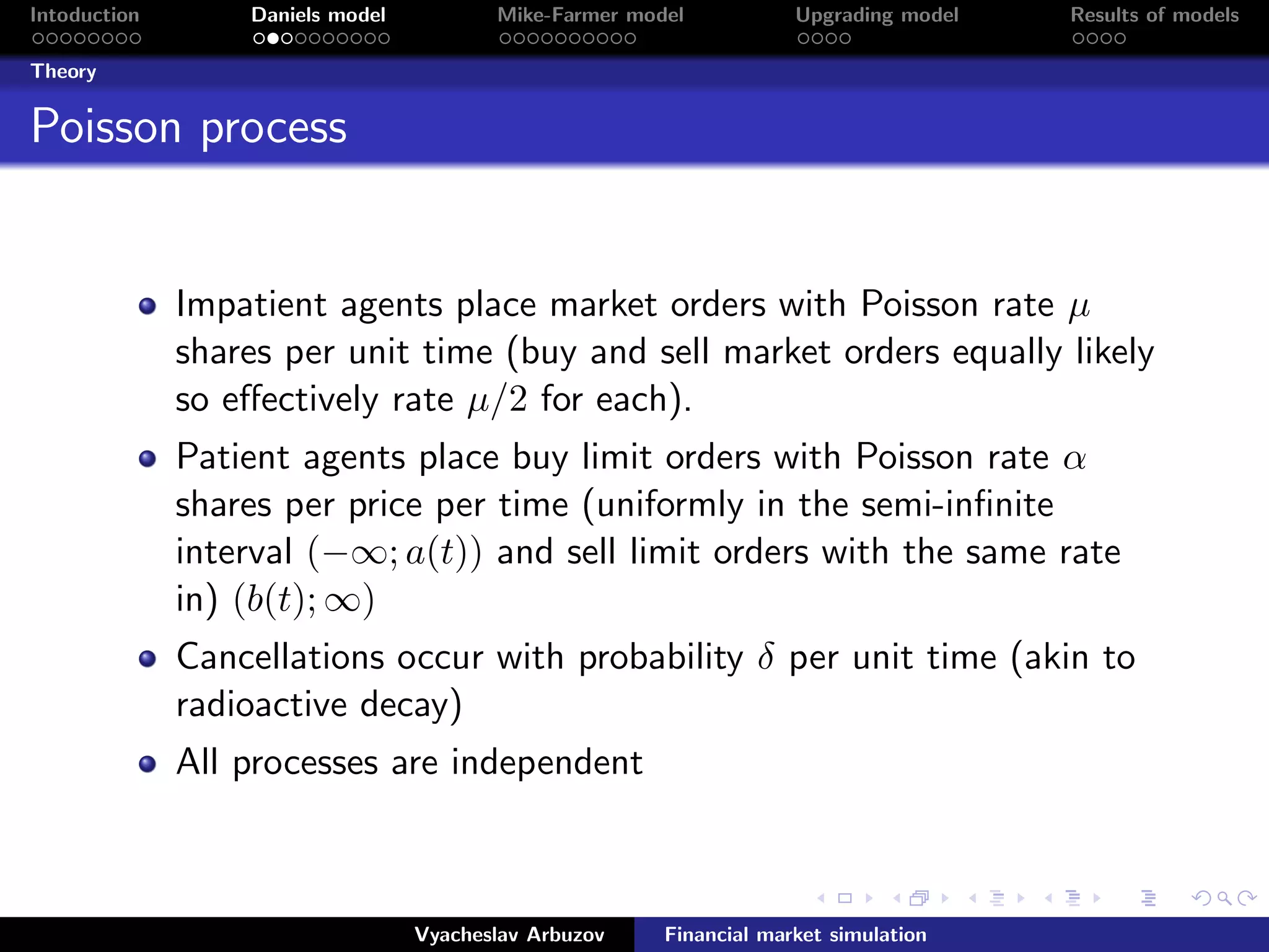 Intoduction Daniels model Mike-Farmer model Upgrading model Results of models
Theory
Poisson process
Impatient agents place market orders with Poisson rate µ
shares per unit time (buy and sell market orders equally likely
so eﬀectively rate µ/2 for each).
Patient agents place buy limit orders with Poisson rate α
shares per price per time (uniformly in the semi-inﬁnite
interval (−∞; a(t)) and sell limit orders with the same rate
in) (b(t); ∞)
Cancellations occur with probability δ per unit time (akin to
radioactive decay)
All processes are independent
Vyacheslav Arbuzov Financial market simulation
 