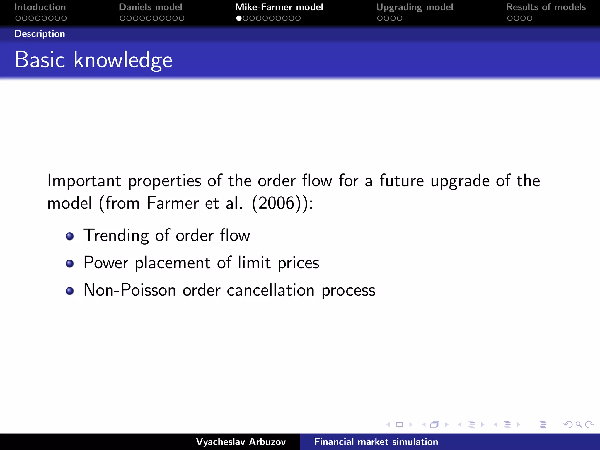 Intoduction Daniels model Mike-Farmer model Upgrading model Results of models
Description
Basic knowledge
Important properties of the order ﬂow for a future upgrade of the
model (from Farmer et al. (2006)):
Trending of order ﬂow
Power placement of limit prices
Non-Poisson order cancellation process
Vyacheslav Arbuzov Financial market simulation
 