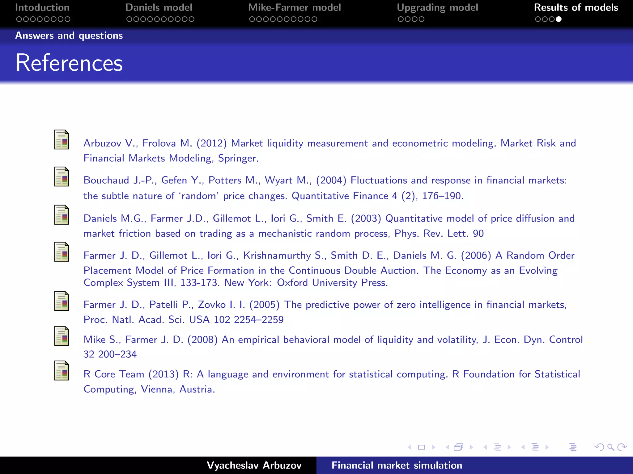 Intoduction Daniels model Mike-Farmer model Upgrading model Results of models
Answers and questions
References
Arbuzov V., Frolova M. (2012) Market liquidity measurement and econometric modeling. Market Risk and
Financial Markets Modeling, Springer.
Bouchaud J.-P., Gefen Y., Potters M., Wyart M., (2004) Fluctuations and response in ﬁnancial markets:
the subtle nature of ‘random’ price changes. Quantitative Finance 4 (2), 176–190.
Daniels M.G., Farmer J.D., Gillemot L., Iori G., Smith E. (2003) Quantitative model of price diﬀusion and
market friction based on trading as a mechanistic random process, Phys. Rev. Lett. 90
Farmer J. D., Gillemot L., Iori G., Krishnamurthy S., Smith D. E., Daniels M. G. (2006) A Random Order
Placement Model of Price Formation in the Continuous Double Auction. The Economy as an Evolving
Complex System III, 133-173. New York: Oxford University Press.
Farmer J. D., Patelli P., Zovko I. I. (2005) The predictive power of zero intelligence in ﬁnancial markets,
Proc. Natl. Acad. Sci. USA 102 2254–2259
Mike S., Farmer J. D. (2008) An empirical behavioral model of liquidity and volatility, J. Econ. Dyn. Control
32 200–234
R Core Team (2013) R: A language and environment for statistical computing. R Foundation for Statistical
Computing, Vienna, Austria.
Vyacheslav Arbuzov Financial market simulation
 