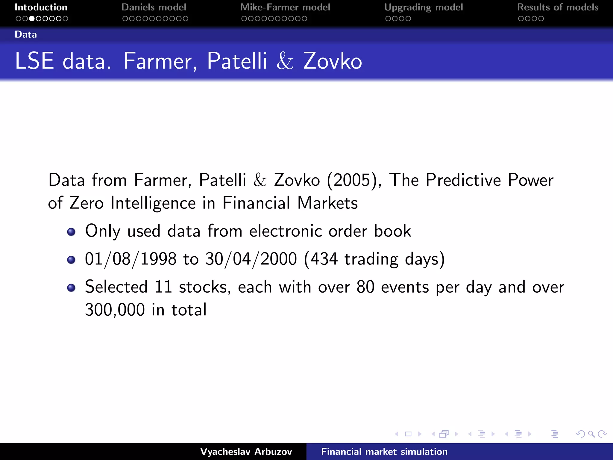 Intoduction Daniels model Mike-Farmer model Upgrading model Results of models
Data
LSE data. Farmer, Patelli & Zovko
Data from Farmer, Patelli & Zovko (2005), The Predictive Power
of Zero Intelligence in Financial Markets
Only used data from electronic order book
01/08/1998 to 30/04/2000 (434 trading days)
Selected 11 stocks, each with over 80 events per day and over
300,000 in total
Vyacheslav Arbuzov Financial market simulation
 