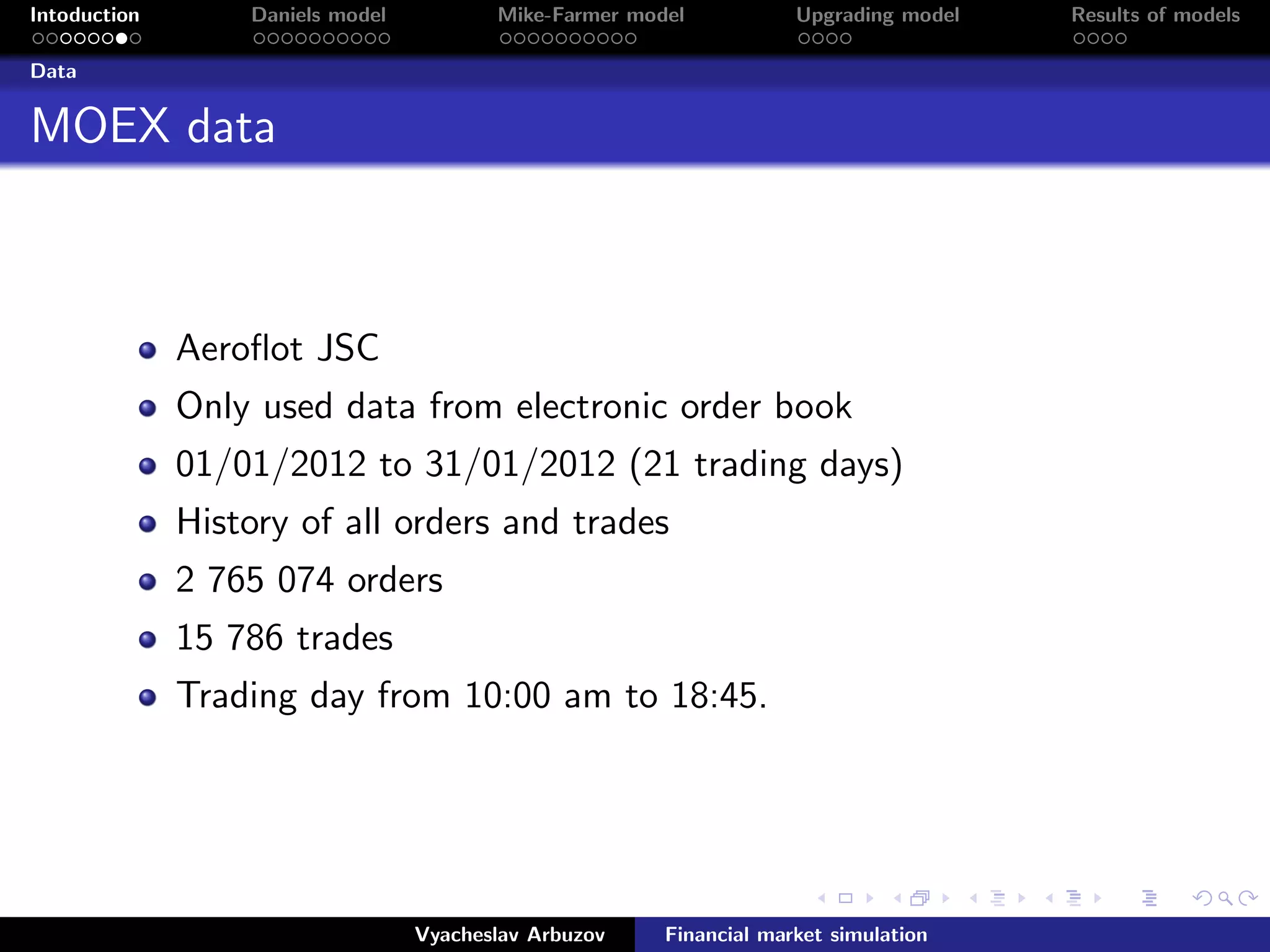 Intoduction Daniels model Mike-Farmer model Upgrading model Results of models
Data
MOEX data
Aeroﬂot JSC
Only used data from electronic order book
01/01/2012 to 31/01/2012 (21 trading days)
History of all orders and trades
2 765 074 orders
15 786 trades
Trading day from 10:00 am to 18:45.
Vyacheslav Arbuzov Financial market simulation
 