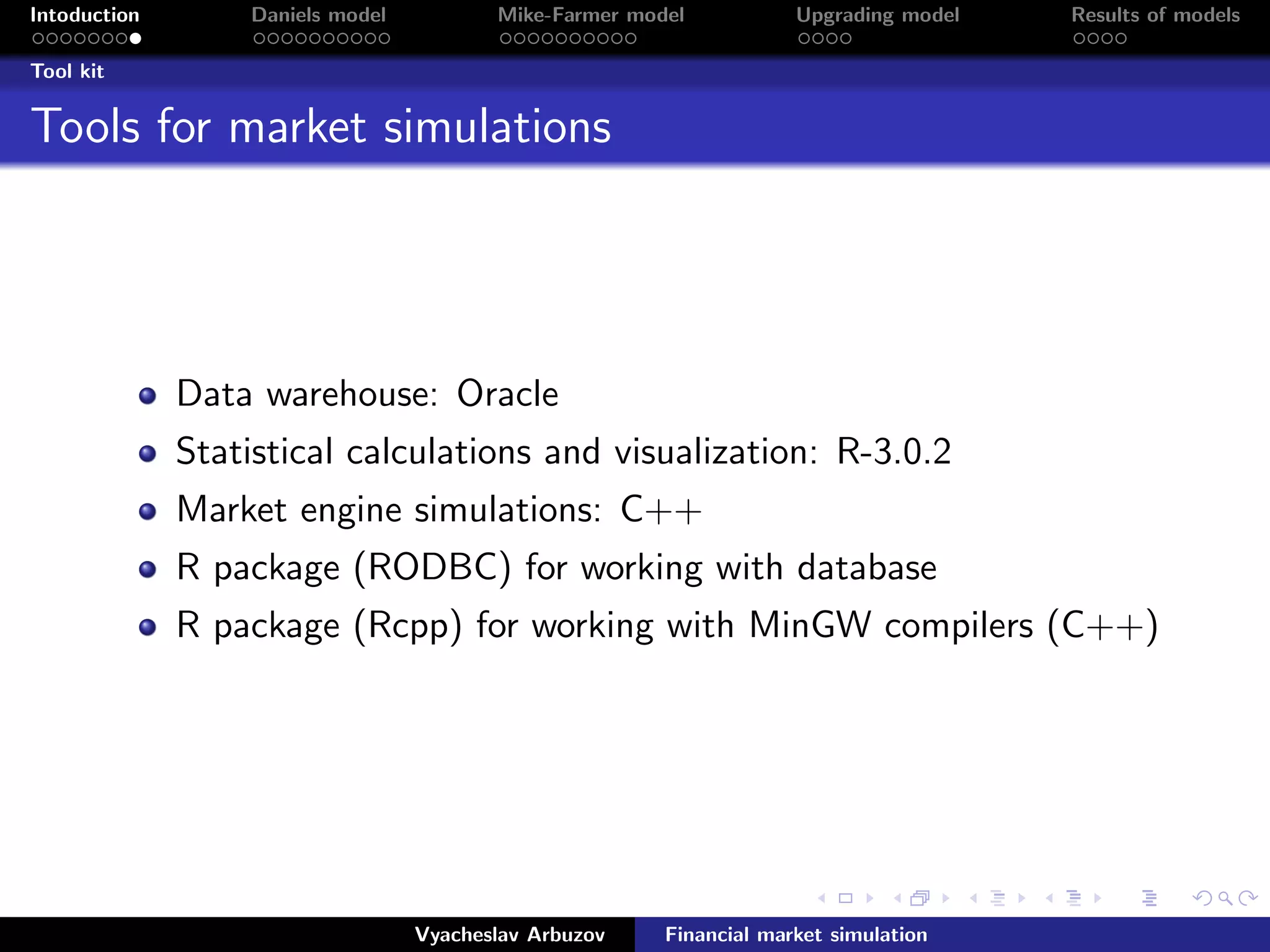 Intoduction Daniels model Mike-Farmer model Upgrading model Results of models
Tool kit
Tools for market simulations
Data warehouse: Oracle
Statistical calculations and visualization: R-3.0.2
Market engine simulations: C++
R package (RODBC) for working with database
R package (Rcpp) for working with MinGW compilers (C++)
Vyacheslav Arbuzov Financial market simulation
 