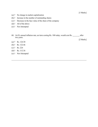 [1 Marks]
(a) No change in market capitalization
(b) Increase in the number of outstanding shares
(c) Decrease in the face value of the share of the company
(d) All of the above
(e) Not Attempted
60. At 6% annual inflation rate, an item costing Rs. 100 today, would cost Rs. _______ after
two years.
[2 Marks]
(a) Rs. 124.30
(b) Rs. 122.46
(c) Rs. 224
(d) Rs. 112.36
(e) Not Attempted
 