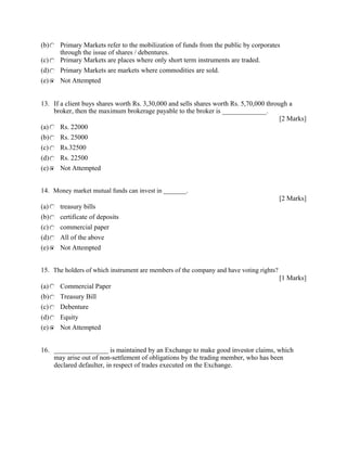 (b) Primary Markets refer to the mobilization of funds from the public by corporates
through the issue of shares / debentures.
(c) Primary Markets are places where only short term instruments are traded.
(d) Primary Markets are markets where commodities are sold.
(e) Not Attempted
13. If a client buys shares worth Rs. 3,30,000 and sells shares worth Rs. 5,70,000 through a
broker, then the maximum brokerage payable to the broker is _____________.
[2 Marks]
(a) Rs. 22000
(b) Rs. 25000
(c) Rs.32500
(d) Rs. 22500
(e) Not Attempted
14. Money market mutual funds can invest in _______.
[2 Marks]
(a) treasury bills
(b) certificate of deposits
(c) commercial paper
(d) All of the above
(e) Not Attempted
15. The holders of which instrument are members of the company and have voting rights?
[1 Marks]
(a) Commercial Paper
(b) Treasury Bill
(c) Debenture
(d) Equity
(e) Not Attempted
16. ________________ is maintained by an Exchange to make good investor claims, which
may arise out of non-settlement of obligations by the trading member, who has been
declared defaulter, in respect of trades executed on the Exchange.
 