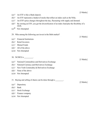 [3 Marks]
(a) An ETF is like a Bank deposit.
(b) An ETF represents a basket of stocks that reflect an index such as the Nifty.
(c) An ETF's price changes throughout the day, fluctuating with supply and demand.
(d) By owning an ETF, you get the diversification of an index fund plus the flexibility of a
stock.
(e) Not Attempted
29. Who among the following can invest in the Debt market?
[1 Marks]
(a) Financial Institutions
(b) Retail Investors
(c) Mutual Funds
(d) All of the above
(e) Not Attempted
30. NCDEX is _________.
[1 Marks]
(a) National Commodities and Derivatives Exchange
(b) National Currency and Derivatives Exchange
(c) New York Commodity & Derivatives Exchange
(d) None of the above
(e) Not Attempted
31. Buying and selling of shares can be done through a ________.
[2 Marks]
(a) Depository
(b) Bank
(c) Stock Exchange
(d) Finance company
(e) Not Attempted
 