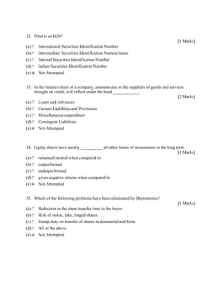 32. What is an ISIN?
[1 Marks]
(a) International Securities Identification Number
(b) Intermediate Securities Identification Nomenclature
(c) Internal Securities Identification Number
(d) Indian Securities Identification Number
(e) Not Attempted
33. In the balance sheet of a company, amounts due to the suppliers of goods and services
brought on credit, will reflect under the head ____________.
[2 Marks]
(a) Loans and Advances
(b) Current Liabilities and Provisions
(c) Miscellaneous expenditure
(d) Contingent Liabilities
(e) Not Attempted
34. Equity shares have mostly __________ all other forms of investments in the long term.
[1 Marks]
(a) remained neutral when compared to
(b) outperformed
(c) underperformed
(d) given negative returns when compared to
(e) Not Attempted
35. Which of the following problems have been eliminated by Depositories?
[1 Marks]
(a) Reduction in the share transfer time to the buyer.
(b) Risk of stolen, fake, forged shares.
(c) Stamp duty on transfer of shares in dematerialized form.
(d) All of the above
(e) Not Attempted
 