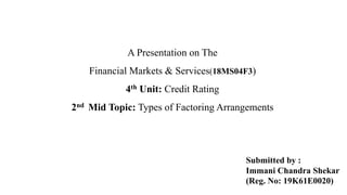 A Presentation on The
Financial Markets & Services(18MS04F3)
4th Unit: Credit Rating
2nd Mid Topic: Types of Factoring Arrangements
Submitted by :
Immani Chandra Shekar
(Reg. No: 19K61E0020)
 