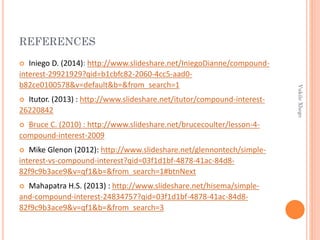 REFERENCES
Iniego D. (2014): http://www.slideshare.net/IniegoDianne/compoundinterest-29921929?qid=b1cbfc82-2060-4cc5-aad0b82ce0100578&v=default&b=&from_search=1


Bruce C. (2010) : http://www.slideshare.net/brucecoulter/lesson-4compound-interest-2009


Mike Glenon (2012): http://www.slideshare.net/glennontech/simpleinterest-vs-compound-interest?qid=03f1d1bf-4878-41ac-84d882f9c9b3ace9&v=qf1&b=&from_search=1#btnNext


Mahapatra H.S. (2013) : http://www.slideshare.net/hisema/simpleand-compound-interest-24834757?qid=03f1d1bf-4878-41ac-84d882f9c9b3ace9&v=qf1&b=&from_search=3


Vukile Xhego

Itutor. (2013) : http://www.slideshare.net/itutor/compound-interest26220842


 