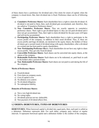 14
of these shares have a preference for dividend and a first claim for return of capital; when the
company is closed down. But, their dividend rate is fixed. Preference share can be of following
types:
a) Cumulative Preference Shares: Such shareholders have a right to claim the dividend. If,
dividend is not paid to them, then, such dividend gets accumulated, and, therefore, they
are called as “Cumulative Preference shares”.
b) Non- Cumulative Preference Shares: They are exactly opposite to cumulative
preference shares. Their right to get dividend lapses if, they are not paid dividend and it
does not get accumulated. Thus, their right to claim dividend for the past years will lapse
and will not be accumulated.
c) Participating Preference Shares: Such shareholders have a right to participate in the
excess profits of the company, in addition to their usual dividend. Thus, if, there are
excess profits and huge dividends, are declared in the equity shares, the holders of these
all shares get a second round of dividend along with equity shareholders; after a dividend
at a certain rate has been paid to equity shareholders.
d) Non- Participating Preference Shares: Such shareholders do not have any right to share
excess profits. They get only fixed dividend.
e) Convertible Preference Shares: Such shares can be converted into equity shares, at the
option of the company.
f) Redeemable Preference Shares: Such shares are to be redeemed, or, paid back in cash
to the holders after a period of time.
g) Non- Redeemable Preference Shares: Such shares are not paid in cash during the life of
the company.
Merits of Preference Shares
a) Fixed dividend.
b) First claim on company assets.
c) Cost of capital is low.
d) No dilution over control.
e) No dividend obligation.
f) No redemption liability.
Demerits of Preference Shares:
a) Not a very high dividend rate.
b) No voting rights.
c) Dividends paid are not tax- deductible.
d) Non payment of dividend affects firm.
---------------------------------------------------------------------------------------------------------------------
1.3 DEBTS: DEBENTURES, TYPES OF DEBENTURES
---------------------------------------------------------------------------------------------------------------------
DEBENTURES: When borrowed capital is divided into equal parts, then, each part is called as
a debenture. Debenture represents debt. For such debts, company pays interest at regular
intervals. It represents borrowed capital and a debenture holder is the creditor of the company.
 