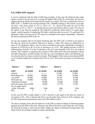 133
5.3.3 EBIT-EPS Analysis
It can be explained with the help of following example. In this case the financial plan under
option 4 seems to be the best as it is giving the highest EPS of RS 38. In this plan, the firm has
applied maximum financial leverage and the results are evident. The firm is expecting to earn an
EBIT of Rs. 1, 50,000 on the total investment of Rs. 5,00,000 resulting in 30% return .on an after
tax basis , this return comes to 15% i.e. 30% x (1 - .5) . However the after tax cost of 10%
debentures is 5% i.e. 10% (1 - .5) and the after tax cost of preference shares is only 12% only. In
the option 4, the firm has employed 50% debt,25% preference shares and 25 % equity share
capital , and the benefits of employing 50% debt ( which has after tax cost of 5% only) and 25%
preference shares (having cost of 12% only) are extended to the equity shareholders. Therefore
the firm is expecting an EPS of Rs 38.
In case, the company opts for all equity financing only, the EPS is Rs 15 which is just equal to
the after tax return on investment. However in option 2, where 50% funds are obtained by an
issue of 12% preference shares , the 3% extra is available to the equity shareholders resulting in
increase in of EPS fro m Rs 15 to Rs 18 and then to rs 21.50 . This gradual increase in EPS is
different plans from Rs 15 to Rs 18 and then to Rs 21.5 and ultimately to Rs 38 is not without
reasons. The company is expecting this increase in EPS when more and more preference shares
and debt financing is availed because the after tax cost of preference shares and debenture are
less than the after tax return on total investment. What happens if the return on investment (EBIT
as a% of funds employed) is reduced from 30% to 18%? The results are shown in the following
table.
Option 1 Option 2 Option 3 Option 4
EBIT Rs 90,000 Rs 90,000 Rs 90,000 Rs 90,000
-interest --- ------- 12,500 25,000
Profit before tax 90,000 90,000 77,500 65,000
-tax @50% 45,000 45,000 38,750 . 32,500
Profit after tax 45,000 45,000 38,750 32,500
-Preference dividend --- 30,000 15,000 15,000
Profit for equity share 45,000 15,000 23,750 17,500
No. of equity shares
(of Rs. 100 each) 5,000 2500 2500 1250
EPS 9 6 9.5 14
In this case the EPS is under option 1 is Rs 9 and this is just equal to the after tax return on
investment of 9%.. This is because the firm is an all equity firm. However if the company opts
for 50% financing from preference shares, the EPS reduces to Rs 6.
The above example shows that the behavior of the EPS as result of change in financing pattern
depends upon the ROI of the firm. Whenever the ROI of the firm is more than the cost of debt,
the financial leverage is said to be favorable. Higher the degree of financial leverage factor, the
larger will be the earnings available to equity shareholders.
 