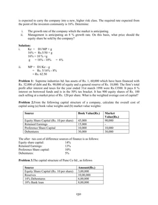 150
is expected to carry the company into a new, higher risk class. The required rate expected from
the point of the investors community is 16%. Determine:
i. The growth rate of the company which the market is anticipating.
ii. Management is anticipating an 8 % growth rate. On this basis, what price should the
equity share be sold by the company?
Solution:
i. Ke = D1/MP + g
16% = Rs.5/50 + g
16% = 10 % +g
g = 16% - 10% = 6%
ii. MP = D1/Ke - g
= Rs. 5/16% - 8%
= Rs. 62.50
Problem 1: Supreme industries ltd. has assets of Rs. 1, 60,000 which have been financed with
Rs. 52,000 of debt and Rs. 90,000 of equity and a general reserve of Rs. 18,000. The firm’s total
profit after interest and taxes for the year ended 31st march 1998 were Rs.13500. It pays 8 %
interest on borrowed funds and is in the 50% tax bracket. It has 900 equity shares of Rs. 100
each selling at a market price of Rs. 120 per share. What is the weighted average cost of capital?
Problem 2.From the following capital structure of a company, calculate the overall cost of
capital using (a) book value weights and (b) market value weights:
Source Book Value(Rs.) Market
Value(Rs.)
Equity Share Capital (Rs. 10 per share) 45,000 90,000
Retained Earnings 15,000 -
Preference Share Capital 10,000 10,000
Debentures 30,000 30,000
The after –tax cost of difference sources of finance is as follows:
Equity share capital: 14%
Retained Earnings: 13%
Preference Share capital: 10%
Debentures: 5%
Problem 3.The capital structure of Pune Co ltd., as follows
Source Amount(Rs.)
Equity Share Capital (Rs. 10 per share) 3,00,000
Reserves 10,00,000
14% Debentures 6,00,000
18% Bank loan 8,00,000
 
