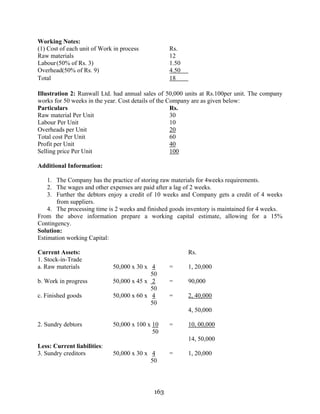 163
Working Notes:
(1) Cost of each unit of Work in process Rs.
Raw materials 12
Labour(50% of Rs. 3) 1.50
Overhead(50% of Rs. 9) 4.50
Total 18
Illustration 2: Runwall Ltd. had annual sales of 50,000 units at Rs.100per unit. The company
works for 50 weeks in the year. Cost details of the Company are as given below:
Particulars Rs.
Raw material Per Unit 30
Labour Per Unit 10
Overheads per Unit 20
Total cost Per Unit 60
Profit per Unit 40
Selling price Per Unit 100
Additional Information:
1. The Company has the practice of storing raw materials for 4weeks requirements.
2. The wages and other expenses are paid after a lag of 2 weeks.
3. Further the debtors enjoy a credit of 10 weeks and Company gets a credit of 4 weeks
from suppliers.
4. The processing time is 2 weeks and finished goods inventory is maintained for 4 weeks.
From the above information prepare a working capital estimate, allowing for a 15%
Contingency.
Solution:
Estimation working Capital:
Current Assets: Rs.
1. Stock-in-Trade
a. Raw materials 50,000 x 30 x 4 = 1, 20,000
50
b. Work in progress 50,000 x 45 x 2 = 90,000
50
c. Finished goods 50,000 x 60 x 4 = 2, 40,000
50
4, 50,000
2. Sundry debtors 50,000 x 100 x 10 = 10, 00,000
50
14, 50,000
Less: Current liabilities:
3. Sundry creditors 50,000 x 30 x 4 = 1, 20,000
50
 