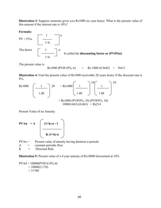 26
Illustration 3: Suppose someone gives you Rs1000 six year hence. What is the present value of
this amount if the interest rate is 10%?
Formula:
1 n
PV = FVn
1+k
The factor 1 n
Is called the discounting factor or (PVIFkn)
1+k
The present value is
Rs1000 (PVIF10%, 6) = Rs 1000 (0.5645) = 564.5
Illustration 4: Find the present value of Rs1000 receivable 20 years hence if the discount rate is
8%.
10 10
Rs1000 1 20 = Rs1000 1 1
1.08 1.08 1.08
= Rs1000 (PVIF8%, 10) (PVIF8%, 10)
1000(0.463) (0.463) = Rs214
Present Value of an Annuity
PVAn = A (1+k) n - 1
K (1+k) n
PVAn = Present value of annuity having duration n periods
A = constant periodic flow
K = Discount Rate
Illustration 5: Present value of a 4 year annuity of Rs10000 discounted at 10%
PVA4 = 10000(PVIFA10%,4)
= 10000(3.170)
= 31700
 