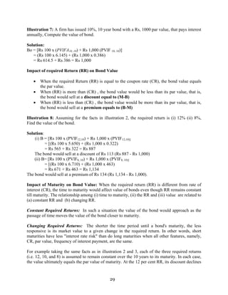 29
Illustration 7: A firm has issued 10%, 10 year bond with a Rs, 1000 par value, that pays interest
annually, Compute the value of bond.
Solution:
Bo = [Rs 100 x (PVlFA10, 10) + Rs 1,000 (PVlF 10, 10)]
= (Rs 100 x 6.145) + (Rs 1,000 x 0.386)
= Rs 614.5 + Rs 386 = Rs 1,000
Impact of required Return (RR) on Bond Value
• When the required Return (RR) is equal to the coupon rate (CR), the bond value equals
the par value.
• When (RR) is more than (CR) , the bond value would be less than its par value, that is,
the bond would sell at a discount equal to (M-B)
• When (RR) is less than (CR) , the bond value would be more than its par value, that is,
the bond would sell at a premium equals to (B-M)
Illustration 8: Assuming for the facts in illustration 2, the required return is (i) 12% (ii) 8%,
Find the value of the bond.
Solution:
(i) B = [Rs 100 x (PVlF12,10) + Rs 1,000 x (PVIF12,10)]
= [(Rs 100 x 5.650) + (Rs 1,000 x 0.322)
= Rs 565 + Rs 322 = Rs 887
The bond would sell at a discount of Rs 113 (Rs 887 - Rs 1,000)
(ii) B= [Rs 100 x (PVlF8, 10) + Rs 1,000 x (PVIF8, 10)]
= [(Rs 100 x 6.710) + (Rs 1,000 x 463)
= Rs 671 + Rs 463 = Rs 1,134
The bond would sell at a premium of Rs 134 (Rs 1,134 - Rs 1,000).
Impact of Maturity on Bond Value: When the required return (RR) is different from rate of
interest (CR), the time to maturity would affect value of bonds even though RR remains constant
till maturity. The relationship among (i) time to maturity, (ii) the RR and (iii) value are related to
(a) constant RR and (b) changing RR.
Constant Required Returns: In such a situation the value of the bond would approach as the
passage of time moves the value of the bond closer to maturity.
Changing Required Returns: The shorter the time period until a bond's maturity, the less
responsive is its market value to a given change in the required return. In other words, short
maturities have less "interest rate risk" than do long maturities when all other features, namely,
CR, par value, frequency of interest payment, are the same.
For example taking the same facts as in illustration 2 and 3, each of the three required returns
(i.e. 12, 10, and 8) is assumed to remain constant over the 10 years to its maturity. In each case,
the value ultimately equals the par value of maturity. At the 12 per cent RR, its discount declines
 