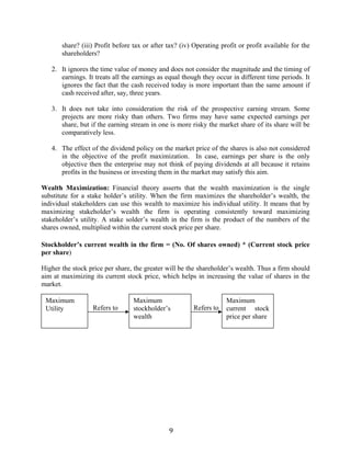 9
share? (iii) Profit before tax or after tax? (iv) Operating profit or profit available for the
shareholders?
2. It ignores the time value of money and does not consider the magnitude and the timing of
earnings. It treats all the earnings as equal though they occur in different time periods. It
ignores the fact that the cash received today is more important than the same amount if
cash received after, say, three years.
3. It does not take into consideration the risk of the prospective earning stream. Some
projects are more risky than others. Two firms may have same expected earnings per
share, but if the earning stream in one is more risky the market share of its share will be
comparatively less.
4. The effect of the dividend policy on the market price of the shares is also not considered
in the objective of the profit maximization. In case, earnings per share is the only
objective then the enterprise may not think of paying dividends at all because it retains
profits in the business or investing them in the market may satisfy this aim.
Wealth Maximization: Financial theory asserts that the wealth maximization is the single
substitute for a stake holder’s utility. When the firm maximizes the shareholder’s wealth, the
individual stakeholders can use this wealth to maximize his individual utility. It means that by
maximizing stakeholder’s wealth the firm is operating consistently toward maximizing
stakeholder’s utility. A stake solder’s wealth in the firm is the product of the numbers of the
shares owned, multiplied within the current stock price per share.
Stockholder’s current wealth in the firm = (No. Of shares owned) * (Current stock price
per share)
Higher the stock price per share, the greater will be the shareholder’s wealth. Thus a firm should
aim at maximizing its current stock price, which helps in increasing the value of shares in the
market.
Refers to
Refers to Refers to
Maximum
Utility
Maximum
stockholder’s
wealth
Maximum
current stock
price per share
 